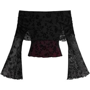 imageVerdusa Womens 70s Off The Shoulder Renaissance Tops Bell Flared Sleeve Floral Fairycore Mesh Crop TopsGoth Black