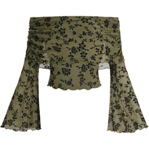 imageVerdusa Womens 70s Off The Shoulder Renaissance Tops Bell Flared Sleeve Floral Fairycore Mesh Crop TopsGoth Green