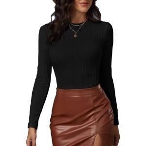 imageVerdusa Womens Basic Mock Neck Slim Fitted Long Sleeve Pullovers Tee TopsBlack Textured