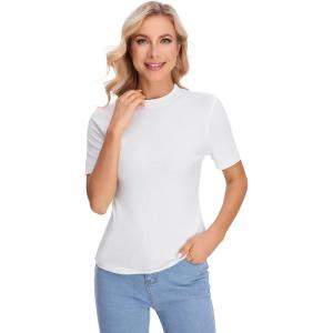 imageVerdusa Womens Business Casual Tops Mock Neck Short Sleeve Knit Basic Tees Work Ofiice OutfitsCream White