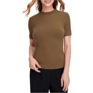 imageVerdusa Womens Business Casual Tops Mock Neck Short Sleeve Knit Basic Tees Work Ofiice OutfitsLight Brown