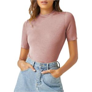 imageVerdusa Womens Business Casual Tops Mock Neck Short Sleeve Knit Basic Tees Work Ofiice OutfitsPink Dusty