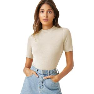 imageVerdusa Womens Business Casual Tops Mock Neck Short Sleeve Knit Basic Tees Work Ofiice OutfitsSolid Beige