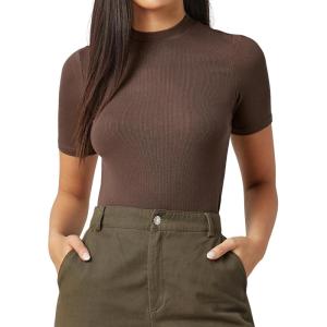 imageVerdusa Womens Business Casual Tops Mock Neck Short Sleeve Knit Basic Tees Work Ofiice OutfitsSolid Chocolate Brown