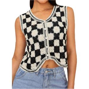 imageVerdusa Womens Button Front V Neck Sleeveless Crochet Plaid Checkered Knit Sweater VestBlack and Beige