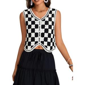 imageVerdusa Womens Button Front V Neck Sleeveless Crochet Plaid Checkered Knit Sweater VestWhite