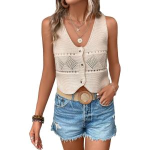 imageVerdusa Womens Button Front V Neck Sleeveless Knitted Crop Sweater VestBeige