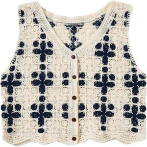 imageVerdusa Womens Button Front Vest V Neck Sleeveless Knit Crochet Sweater VestBeige and Blue