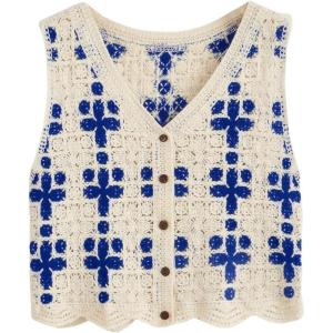 imageVerdusa Womens Button Front Vest V Neck Sleeveless Knit Crochet Sweater VestBlue and Beige