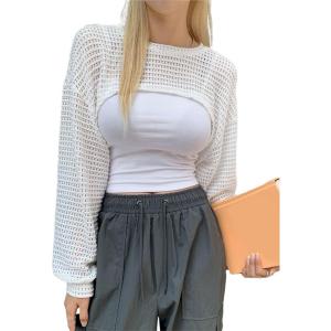 imageVerdusa Womens Crop Cover Up Long Sleeve Pointelle Knit Hollow Out Crochet See Through Knit TopLight White