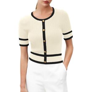 imageVerdusa Womens Cropped Sweater Old Money Clothes Short Sleeve Button Up Fall Trendy Lightweight Knit TopApricot