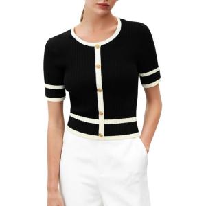 imageVerdusa Womens Cropped Sweater Old Money Clothes Short Sleeve Button Up Fall Trendy Lightweight Knit TopBlack