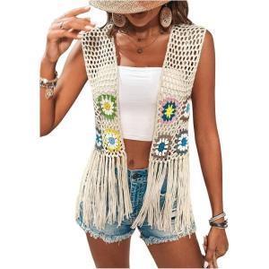 imageVerdusa Womens Floral Crochet Hollow Out Sleeveless Fringe Cardigan VestApricot