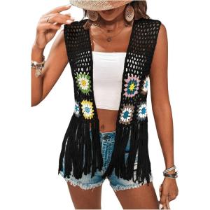 imageVerdusa Womens Floral Crochet Hollow Out Sleeveless Fringe Cardigan VestBlack
