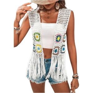 imageVerdusa Womens Floral Crochet Hollow Out Sleeveless Fringe Cardigan VestWhite