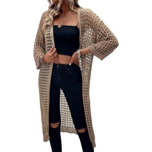 imageVerdusa Womens Hollow Out 34 Sleeve Open Front Knit Cardigan Long KimonoKhaki