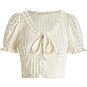 imageVerdusa Womens Knot Front Lace Trim Puff Sleeve V Neck Crop Tee Shirt TopApricot