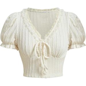 imageVerdusa Womens Knot Front Lace Trim Puff Sleeve V Neck Crop Tee Shirt TopBeige