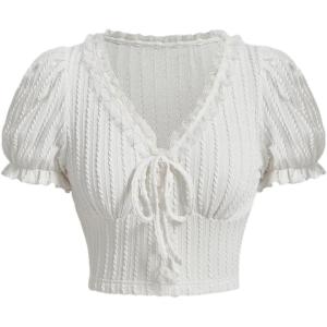 imageVerdusa Womens Knot Front Lace Trim Puff Sleeve V Neck Crop Tee Shirt TopWhite