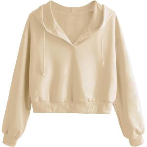 imageVerdusa Womens Long Sleeve Drop Shoulder Drawstring Crop Hoodie SweatshirtApricot