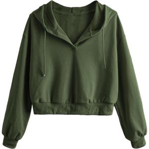 imageVerdusa Womens Long Sleeve Drop Shoulder Drawstring Crop Hoodie SweatshirtArmy Green
