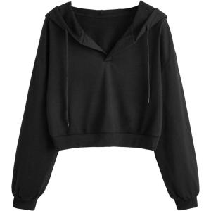 imageVerdusa Womens Long Sleeve Drop Shoulder Drawstring Crop Hoodie SweatshirtBlack