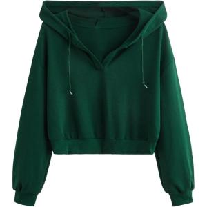 imageVerdusa Womens Long Sleeve Drop Shoulder Drawstring Crop Hoodie SweatshirtDark Green
