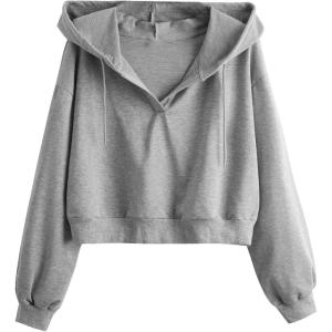 imageVerdusa Womens Long Sleeve Drop Shoulder Drawstring Crop Hoodie SweatshirtHeather Grey