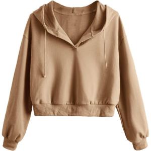 imageVerdusa Womens Long Sleeve Drop Shoulder Drawstring Crop Hoodie SweatshirtKhaki