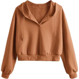 imageVerdusa Womens Long Sleeve Drop Shoulder Drawstring Crop Hoodie SweatshirtLight Brown