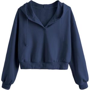 imageVerdusa Womens Long Sleeve Drop Shoulder Drawstring Crop Hoodie SweatshirtNavy Blue