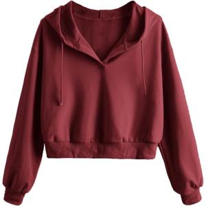 imageVerdusa Womens Long Sleeve Drop Shoulder Drawstring Crop Hoodie SweatshirtWine Red