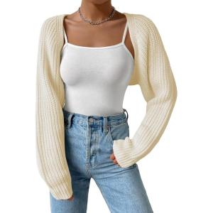 imageVerdusa Womens Long Sleeve Open Front Knitted Crop Cardigan Sweater ShrugBeige
