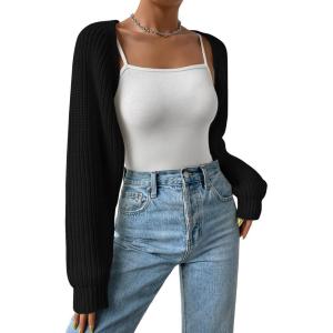 imageVerdusa Womens Long Sleeve Open Front Knitted Crop Cardigan Sweater ShrugBlack