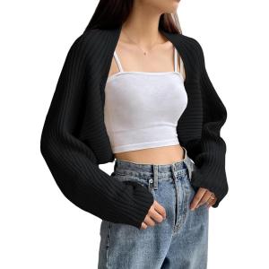 imageVerdusa Womens Long Sleeve Open Front Knitted Crop Cardigan Sweater ShrugBlack Rib
