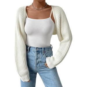 imageVerdusa Womens Long Sleeve Open Front Knitted Crop Cardigan Sweater ShrugCream White