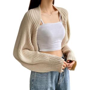 imageVerdusa Womens Long Sleeve Open Front Knitted Crop Cardigan Sweater ShrugKhaki Rib