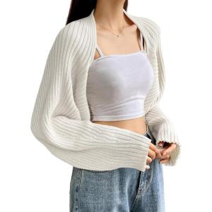 imageVerdusa Womens Long Sleeve Open Front Knitted Crop Cardigan Sweater ShrugWhite Rib