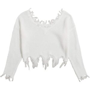 imageVerdusa Womens Ripped Scoop Neck Long Sleeve Frayed Knitted Pullover Crop Top SweatersWhite