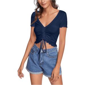 imageVerdusa Womens Ruched Drawstring Front V Neck Crop Tee TopDark Blue