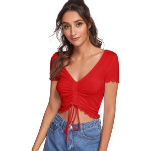 imageVerdusa Womens Ruched Drawstring Front V Neck Crop Tee TopSolid Red
