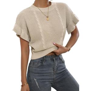 imageVerdusa Womens Ruffled Short Sleeve Round Neck Knitted Top Pullovers SweaterBeige