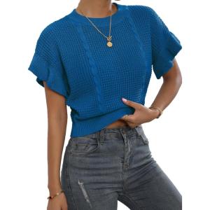 imageVerdusa Womens Ruffled Short Sleeve Round Neck Knitted Top Pullovers SweaterBlue