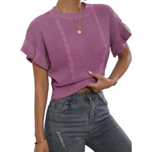 imageVerdusa Womens Ruffled Short Sleeve Round Neck Knitted Top Pullovers SweaterDusty Pink