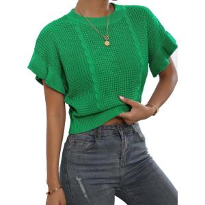 imageVerdusa Womens Ruffled Short Sleeve Round Neck Knitted Top Pullovers SweaterGreen