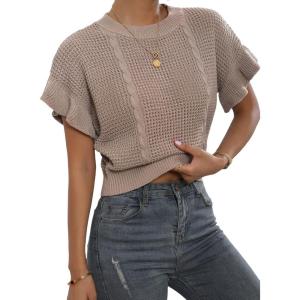 imageVerdusa Womens Ruffled Short Sleeve Round Neck Knitted Top Pullovers SweaterKhaki
