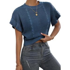 imageVerdusa Womens Ruffled Short Sleeve Round Neck Knitted Top Pullovers SweaterNavy Blue