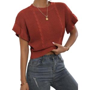 imageVerdusa Womens Ruffled Short Sleeve Round Neck Knitted Top Pullovers SweaterRust Red