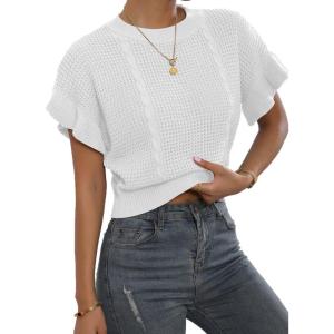 imageVerdusa Womens Ruffled Short Sleeve Round Neck Knitted Top Pullovers SweaterWhite