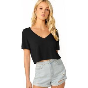 imageVerdusa Womens Solid V Neck Crop T Shirt Top Causal Short Sleeve Tee TopBlack